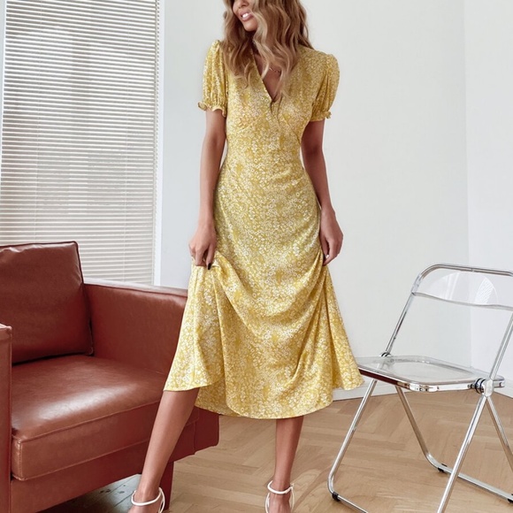 Yellow Floral Printed V Neck Midi Dress